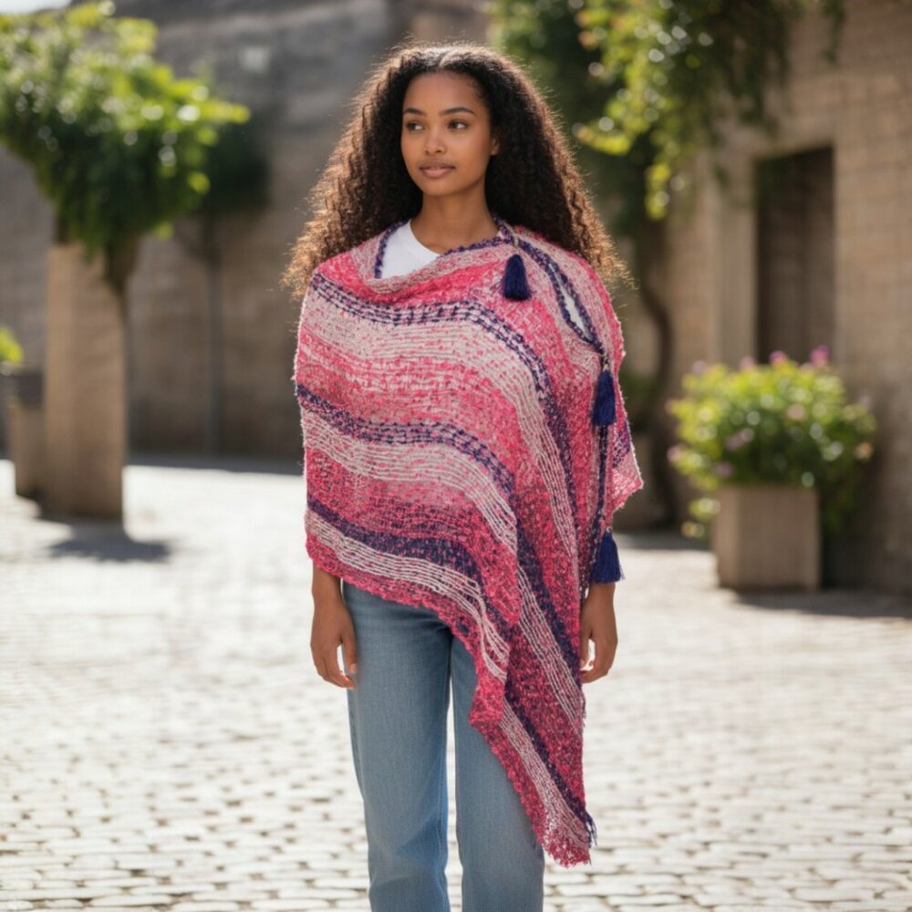 Hot Pink Navy White Stripe  Poncho Vest Scarf Adjustable Tassel…